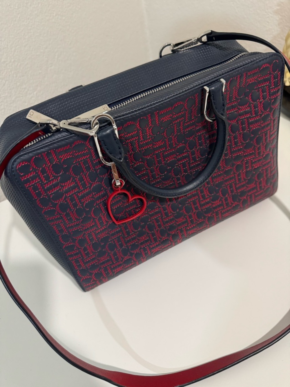 Designer-Inspired Navy and Red Monogram Satchel